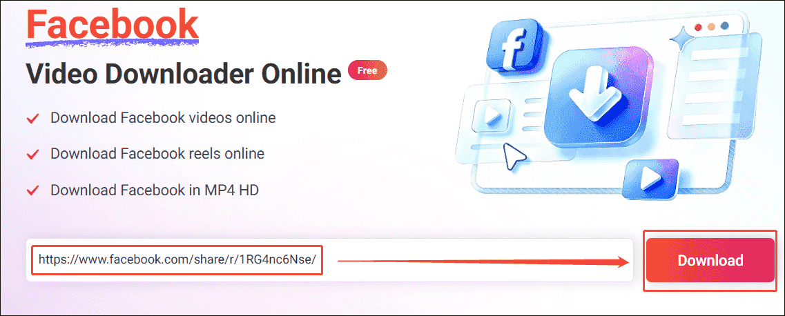 Online Video Downloader interface showing how to analyze the Facebook video link.