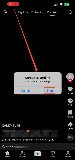 Tap the red bar and tap on Stop to stop recording on iPhone