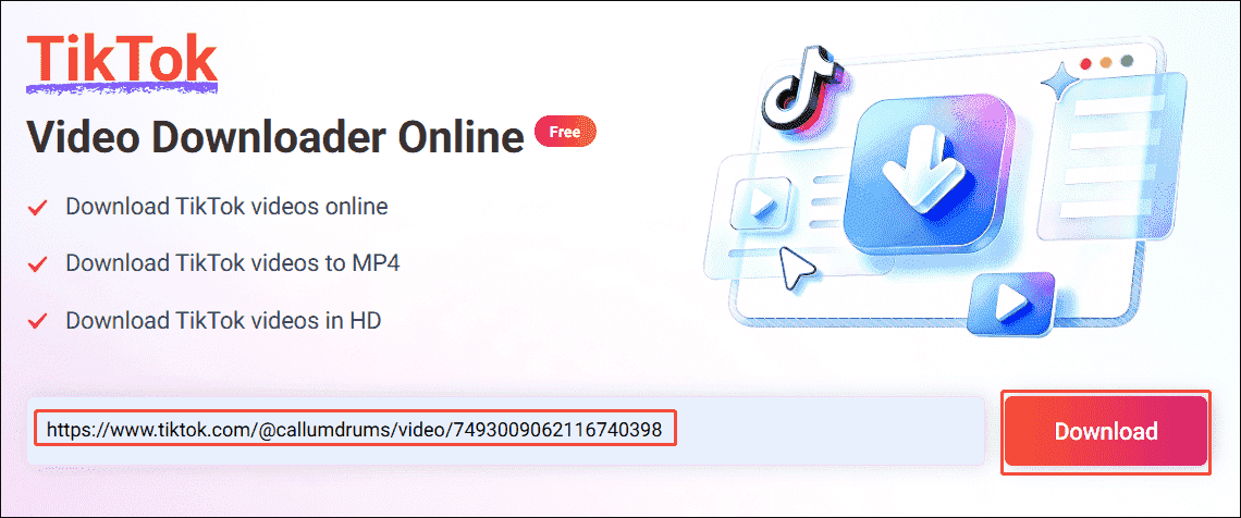 Online Video Downloader interface with a TikTok Video link entered in the input box and the Download button selected.