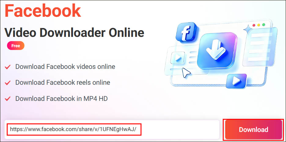 Online Video Downloader interface with the video link typed into the box and the Download button selected.