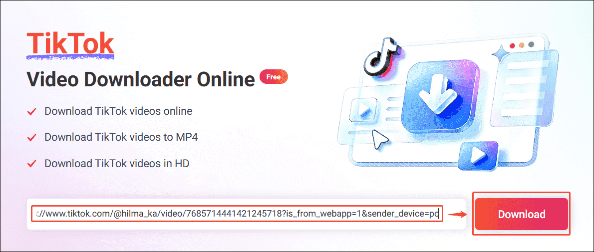 Online Video Downloader interface showing how to analyze the TikTok video link.