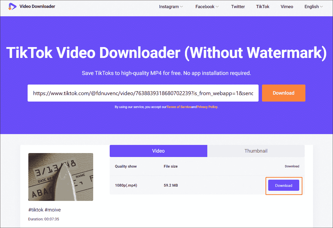 viddown.net interface with the Download button selected.