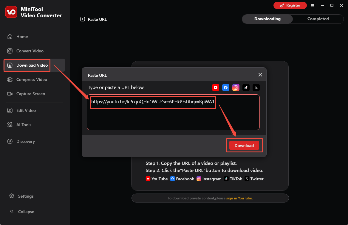 MiniTool Video Converter Download Video interface showing how to analyze a YouTube video link.