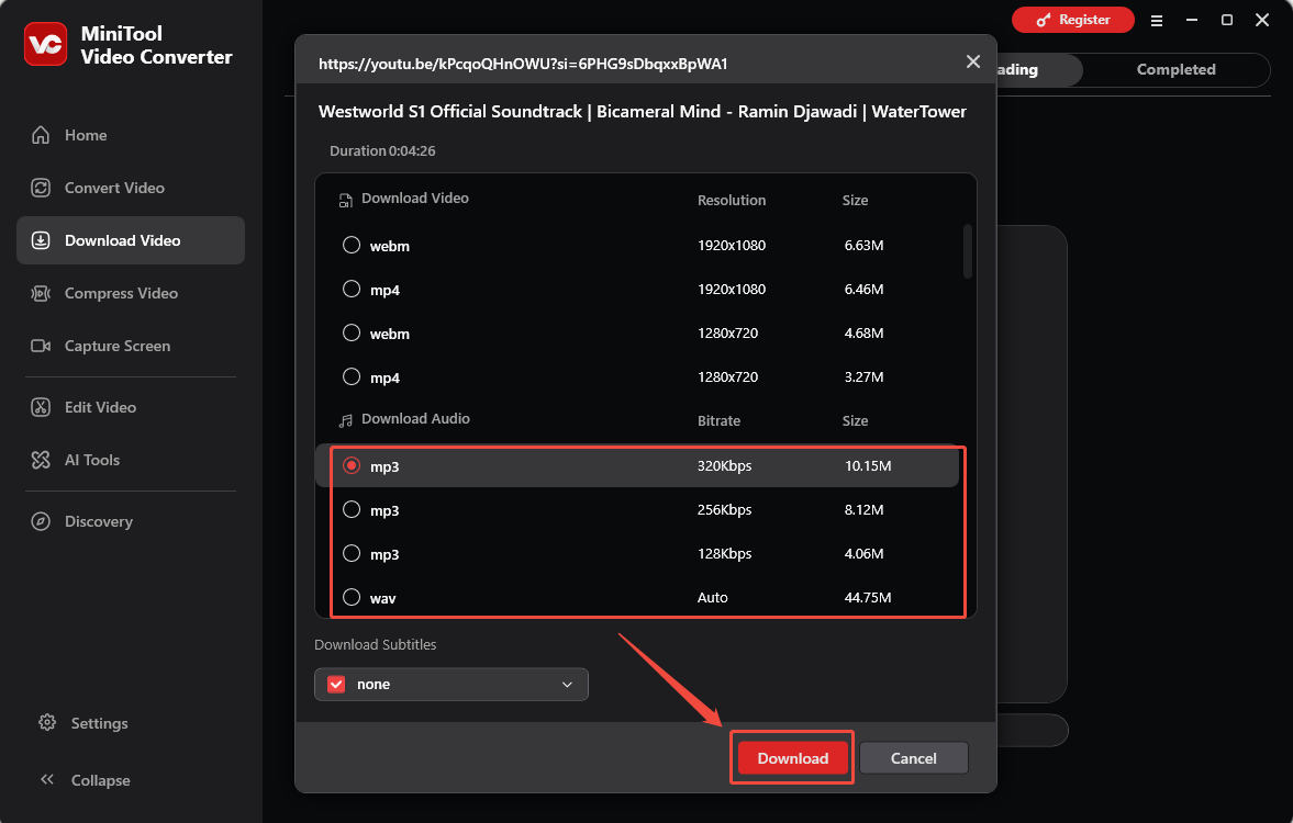 MiniTool Video Converter Download Video interface showing how to choose a suitable format and bitrate for the YouTube audio.