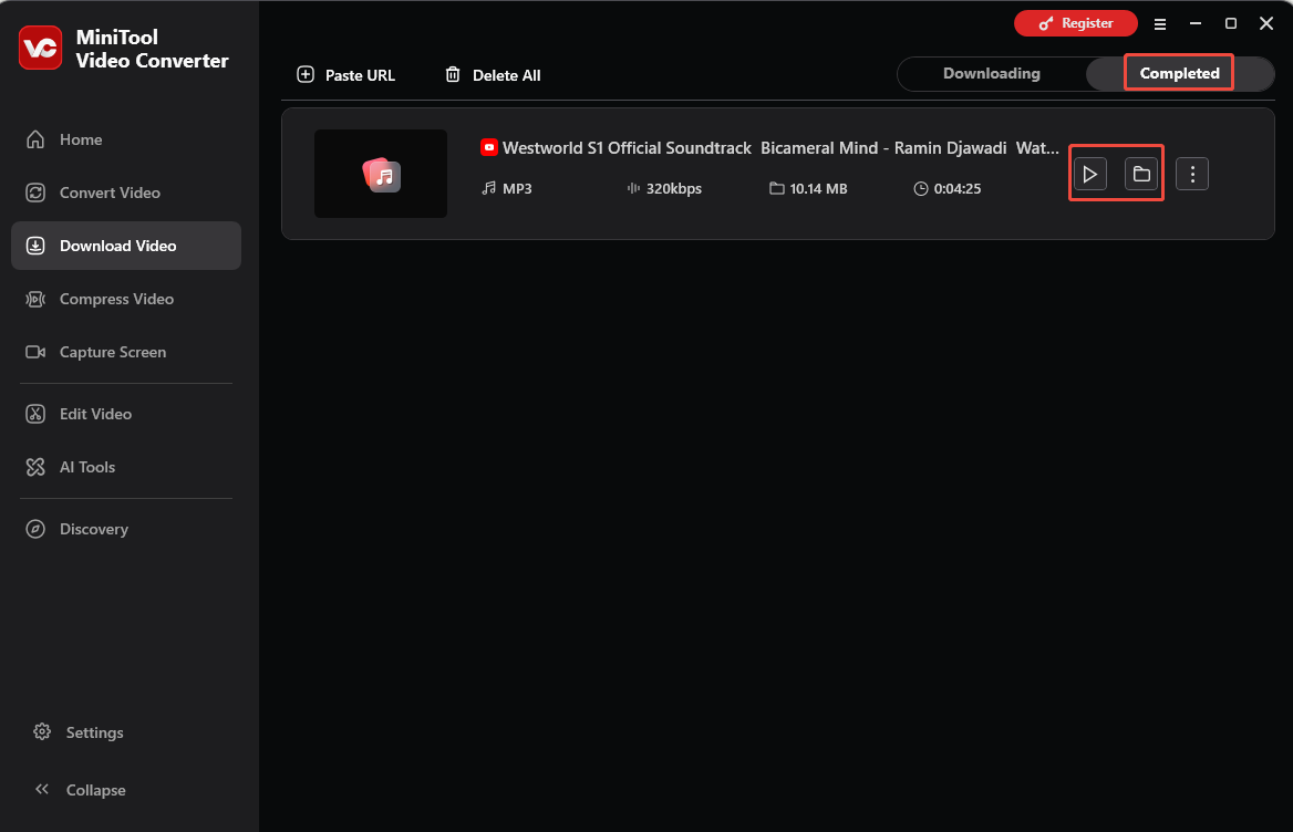MiniTool Video Converter Download Video interface with the Play and Folder icons selected under the Completed tab.