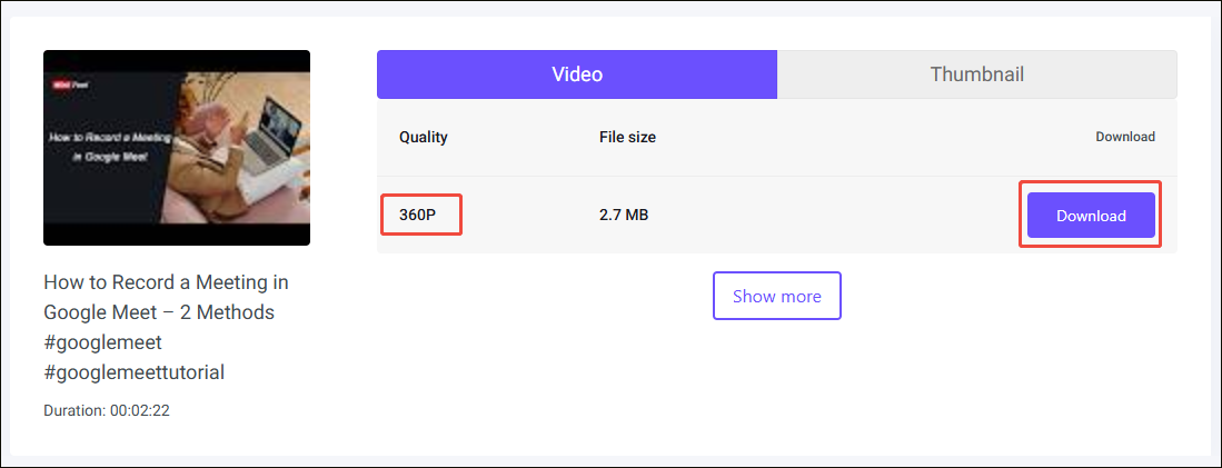 viddown.net interface with a video quality and the Download button selected.