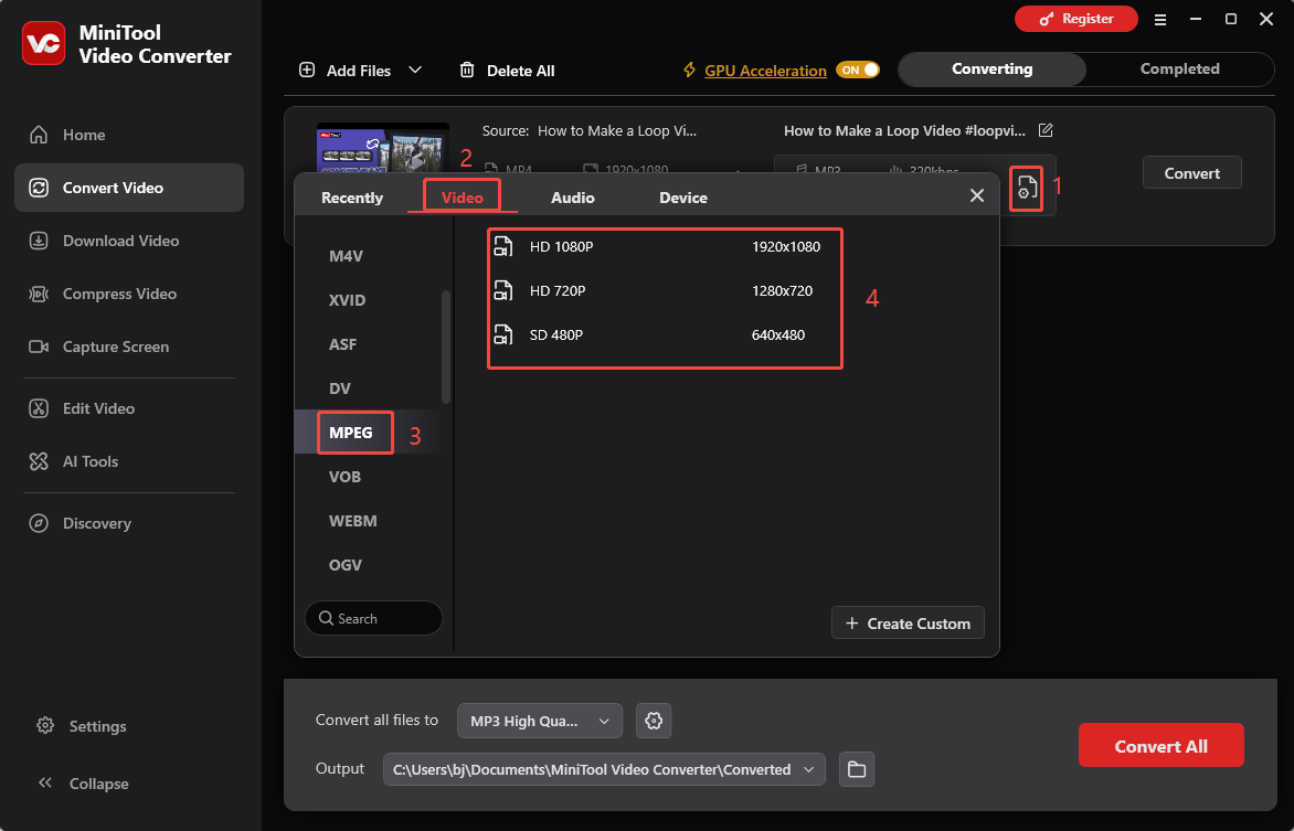 MiniTool Video Converter Convert Video interface showing how to set the output format to MPEG.
