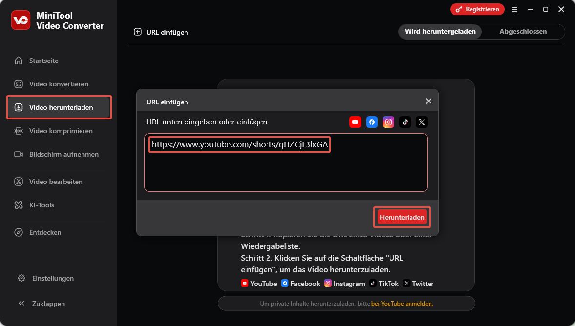 Die Benutzeroberfläche von „Video herunterladen“ in MiniTool Video Converter mit der Option zum Analysieren der YouTube-URL.