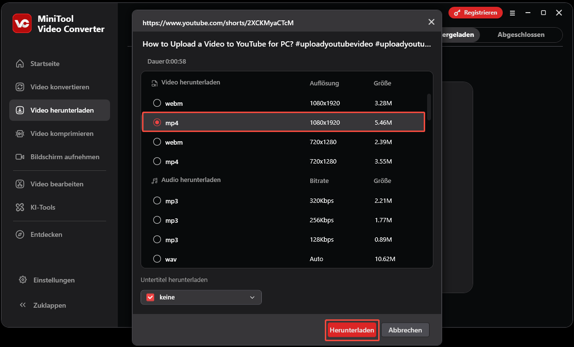 Die Benutzeroberfläche von „Video herunterladen“ in MiniTool Video Converter mit ausgewählter Option „Herunterladen“ zum Starten des Downloads.