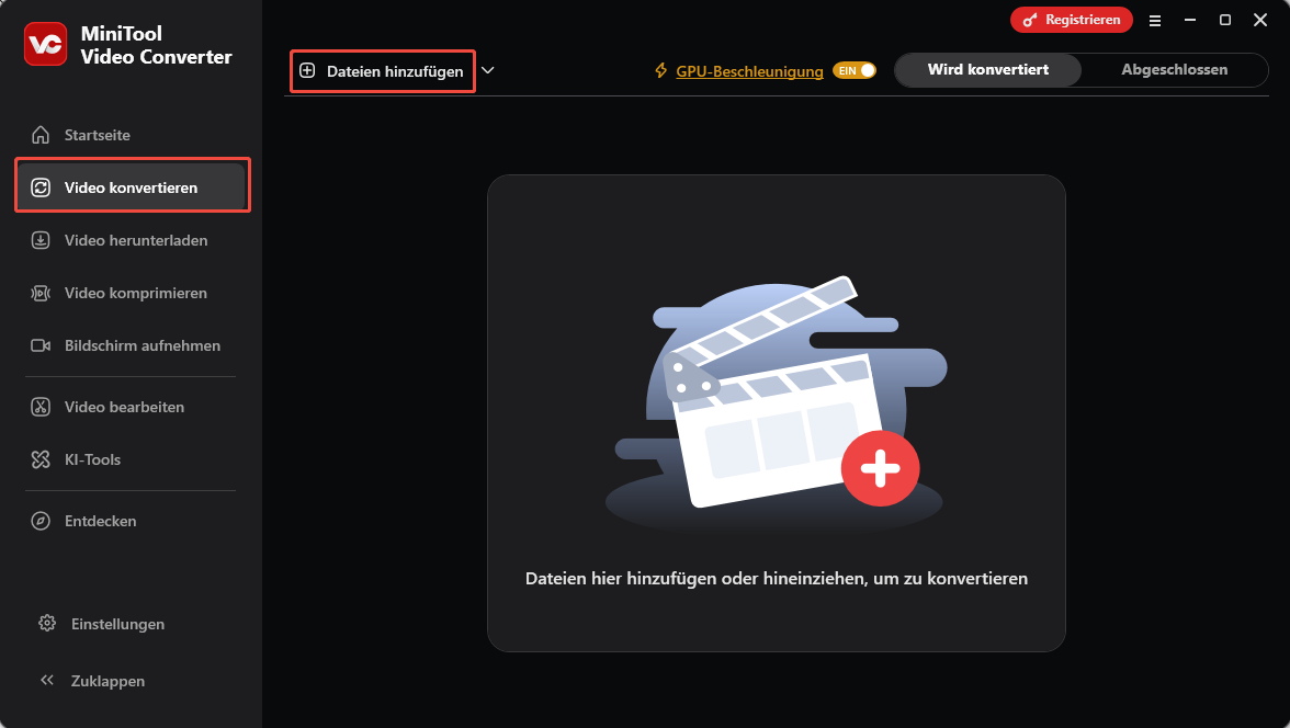 Die Benutzeroberfläche von „Video herunterladen“ in MiniTool Video Converter mit der Option zum Importieren der YouTube-Datei.