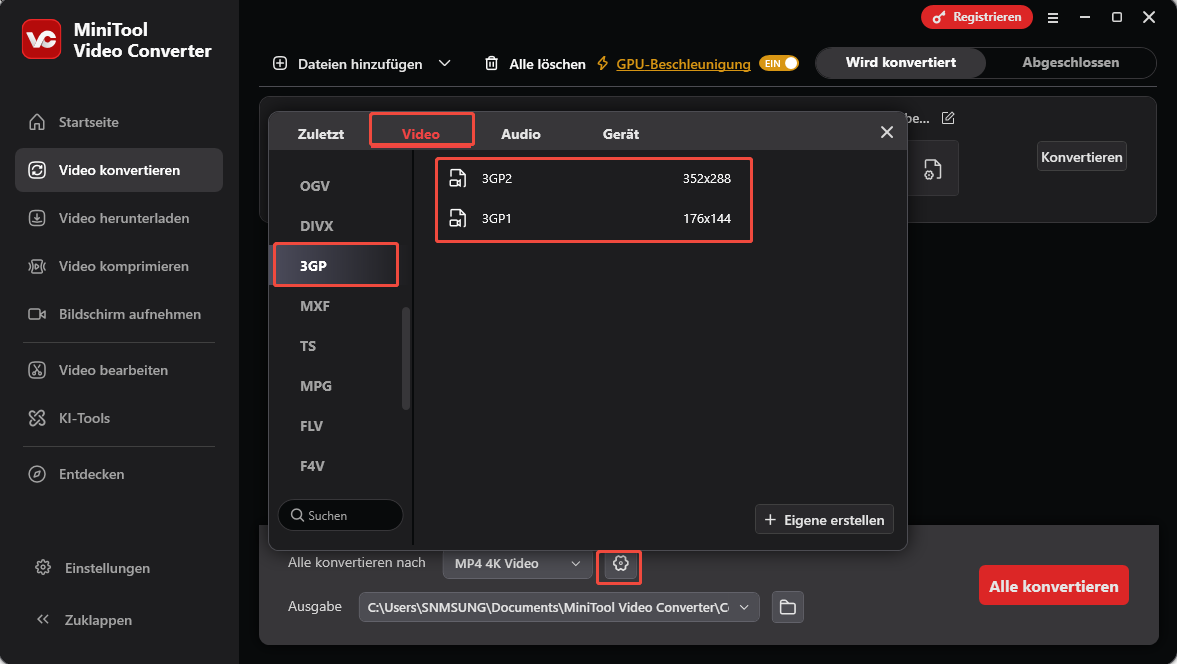 Die Benutzeroberfläche von „Video konvertieren“ in MiniTool Video Converter mit der Option zum Festlegen des 3GP-Ausgabeformats.