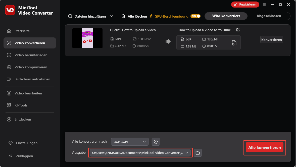 Die Benutzeroberfläche von „Video konvertieren“ in MiniTool Video Converter mit der Option zum Festlegen des Ausgabeordners und zum Starten der Konvertierung.