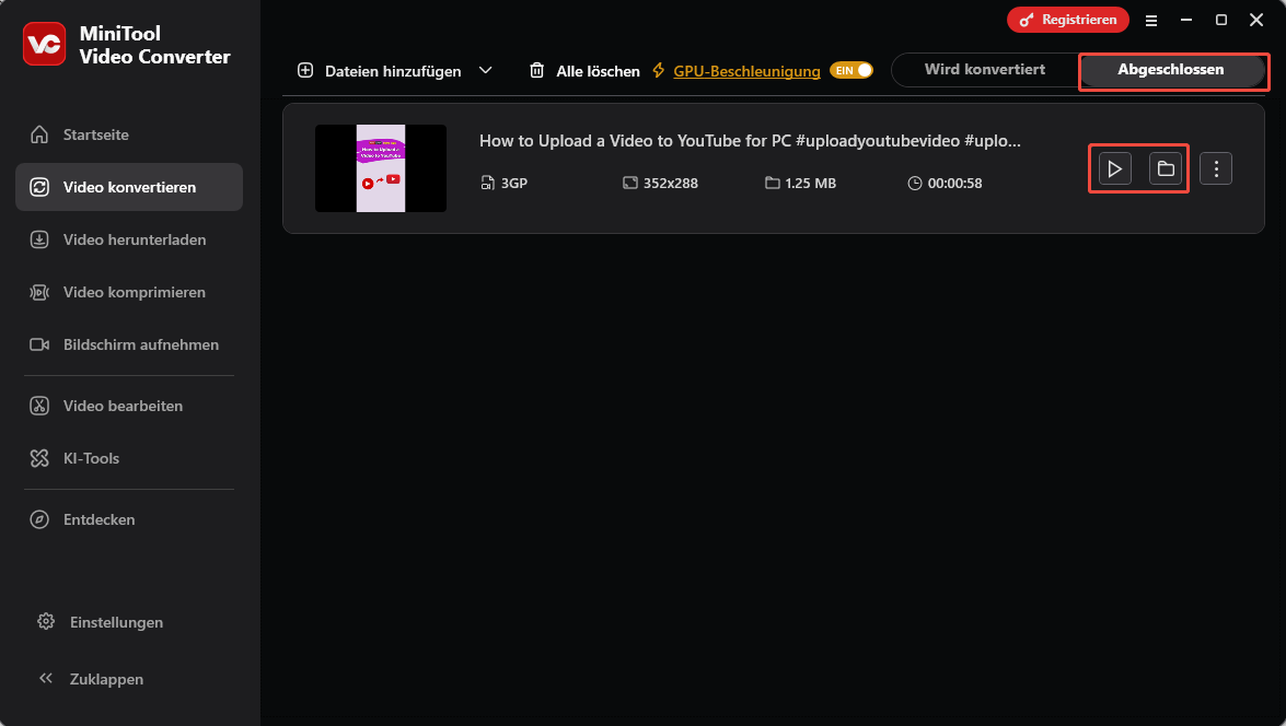 Die Benutzeroberfläche von „Video konvertieren“ in MiniTool Video Converter mit der Option zum Überprüfen des Ausgabevideos.