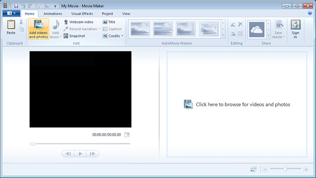 Interfaccia principale di Windows Movie Maker 