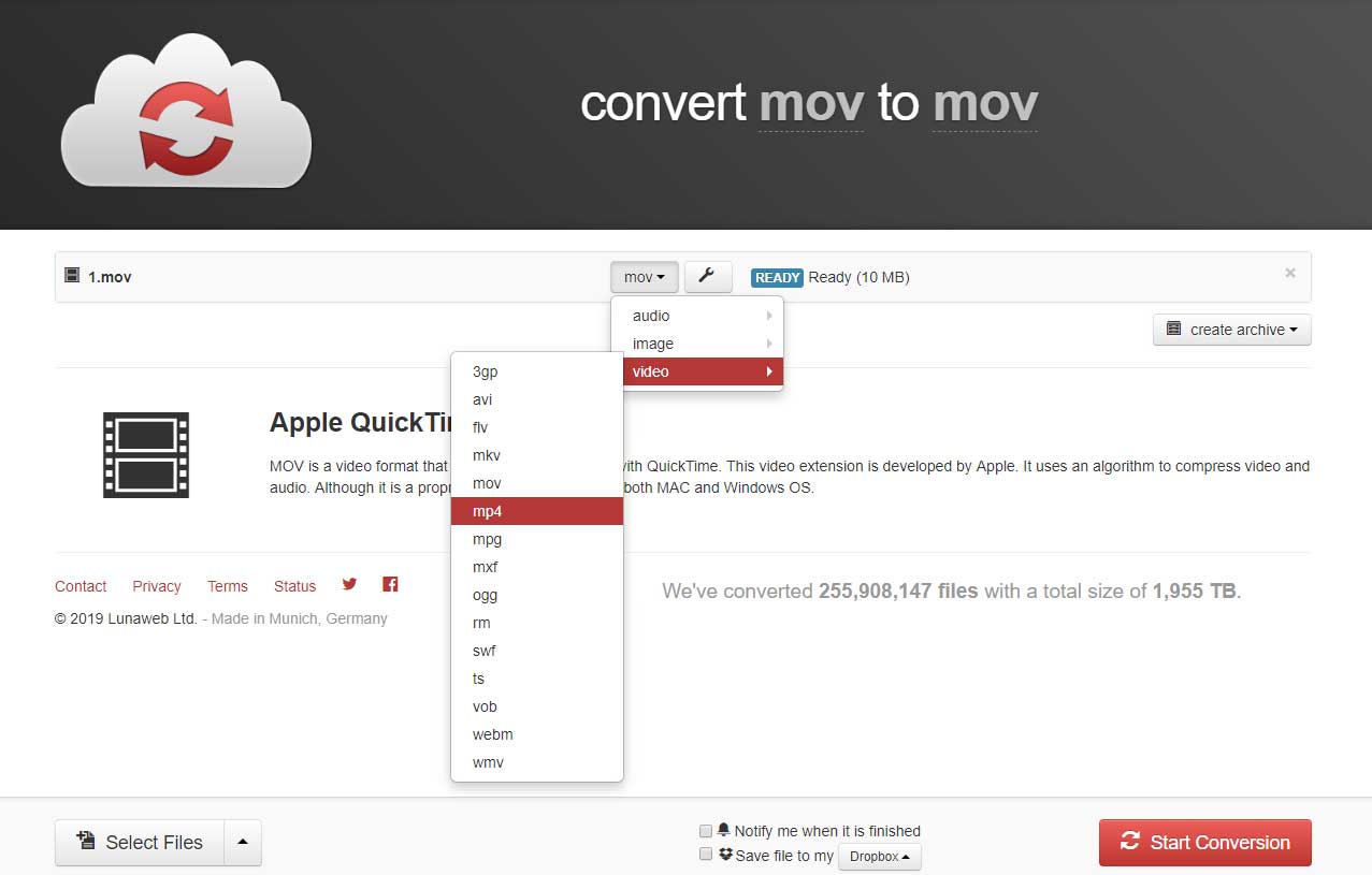 Cloudconvert converteert MOV naar MP4 en vice versa