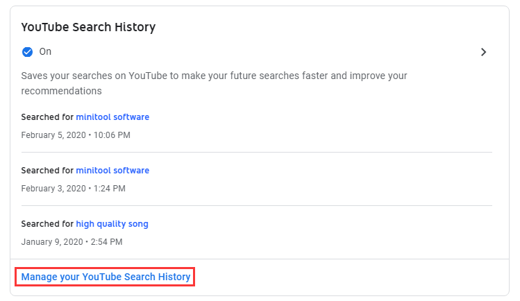click Manage your YouTube Search History