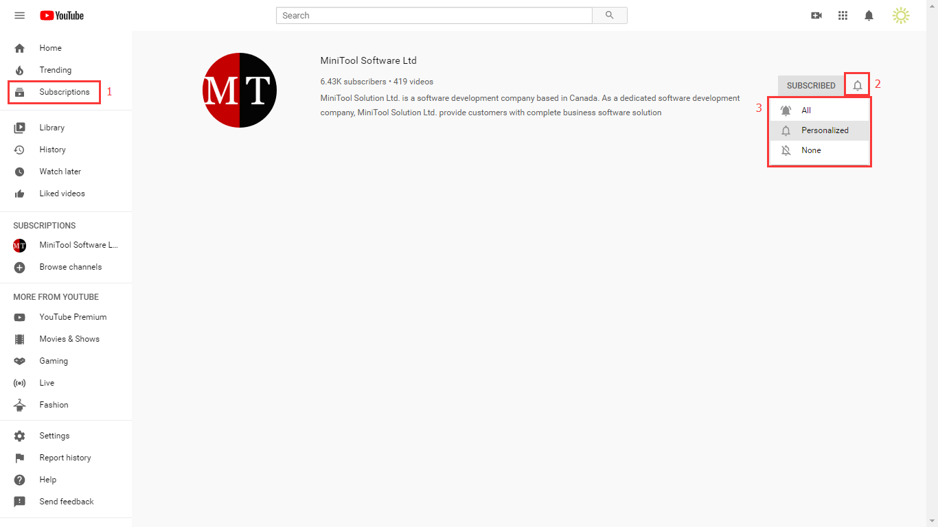 YouTube subscription channels notifications management