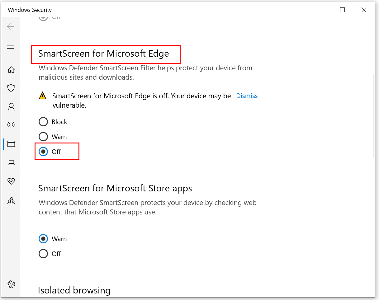 disable SmartScreen for Microsoft Edge