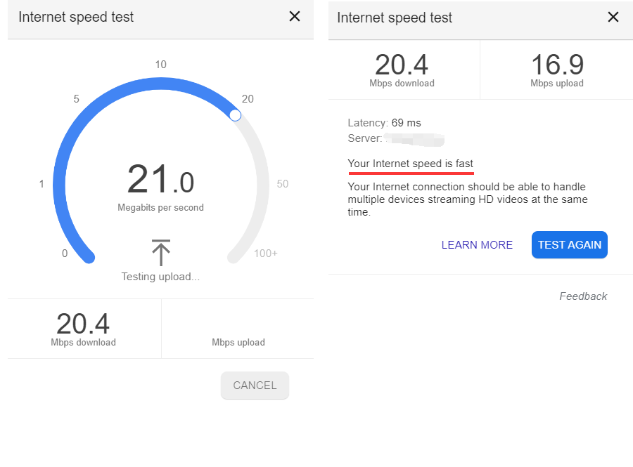 the testing result of the internet connection speed