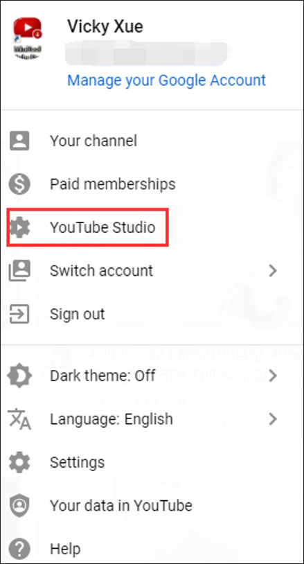 Click YouTube Studio from the drop-down menu