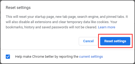 Reset settings in Chrome