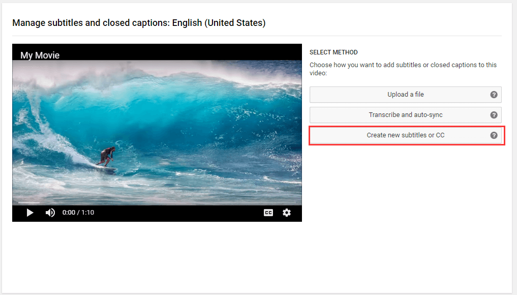 Choose Create new subtitles or CC