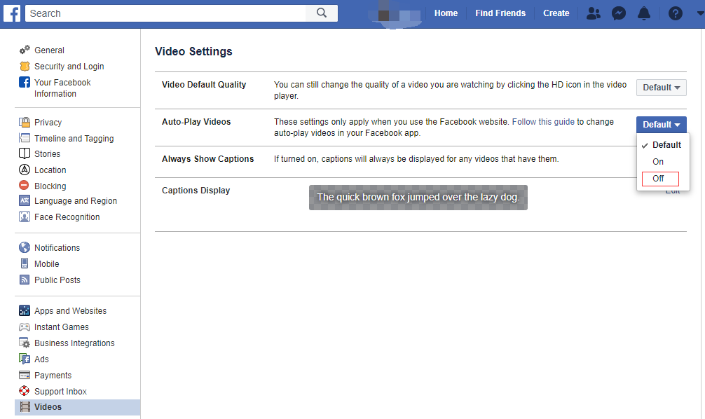 turn off autoplay on facebook