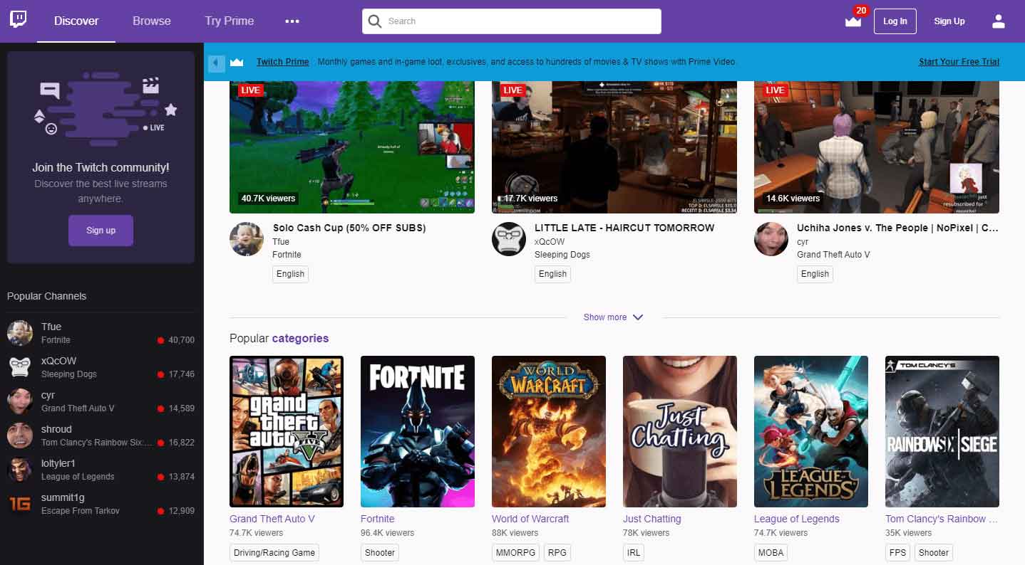 the homepage of twitch