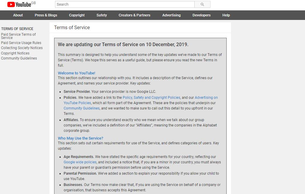 the message about the latest YouTube Terms of Service