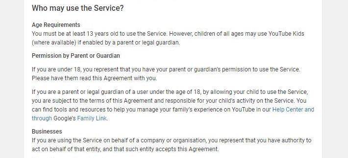 parental responsibility in the Terms of Service