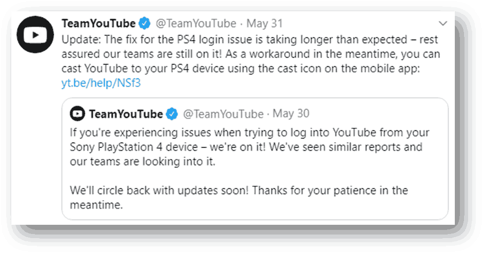 TeamYouTube twitter issue update 1