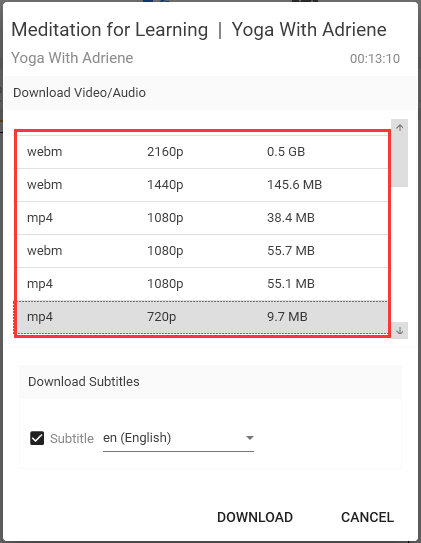 select an output format of the video