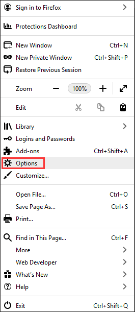 choose Options from the Firefox’s menu