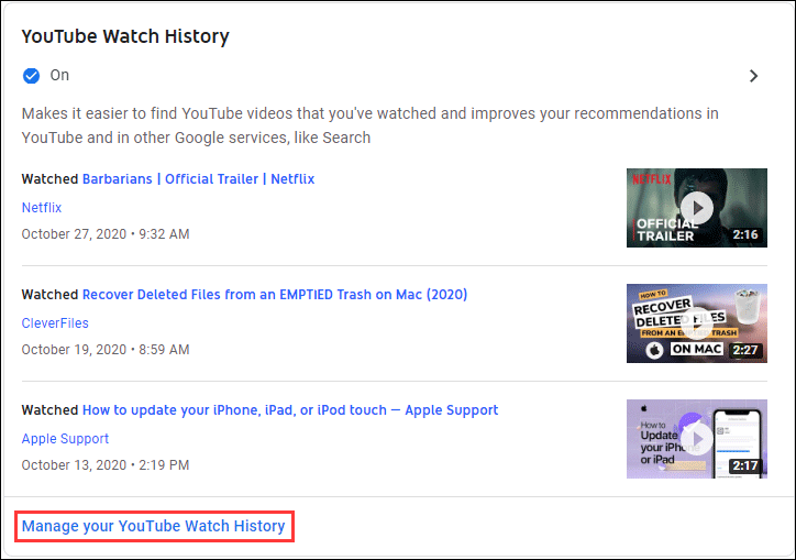 click Manage your YouTube Watch History