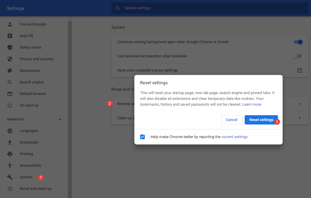 reset Chrome settings