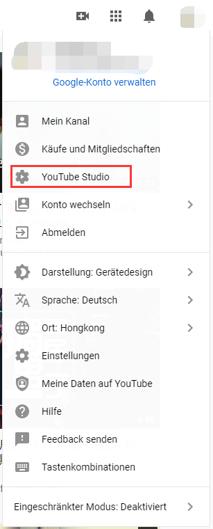 Klicken Sie auf YouTube Studio