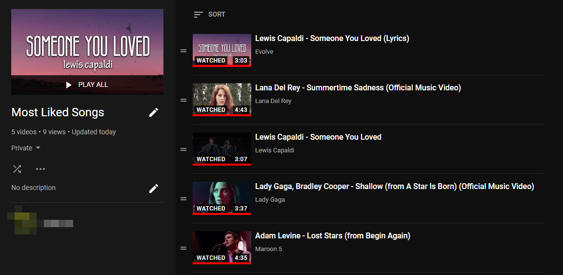 the content of the selected playlist