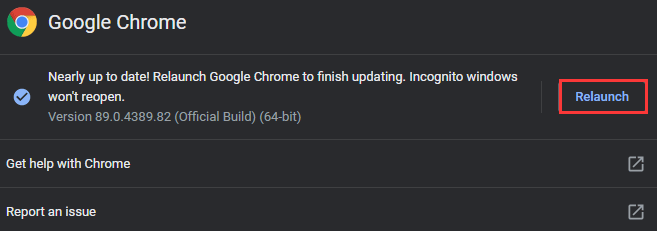 click the Relaunch button after updating Chrome