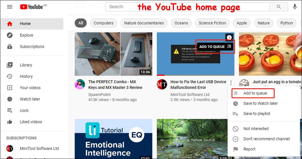 add to queue on the YouTube home page