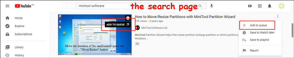 add to queue on the search result page