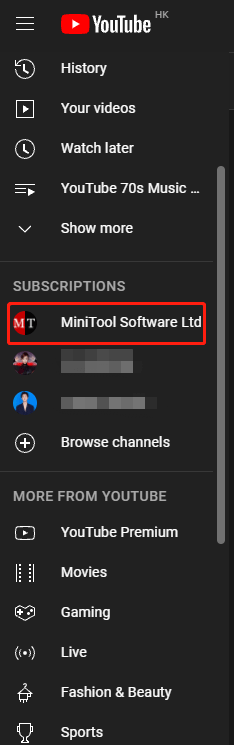 the subscribed channel on the home page