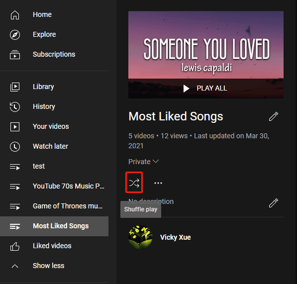 the shuffle icon is under the playlist thumbnail