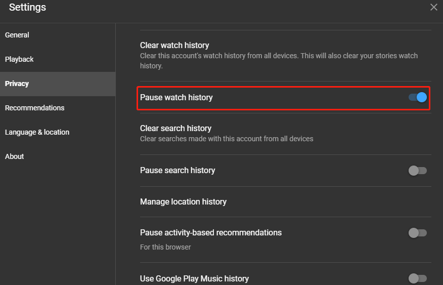 turn on the Pause watch history option