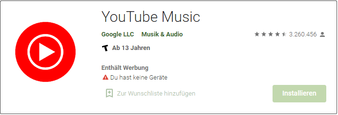 YouTube Music auf der Play Store-Website