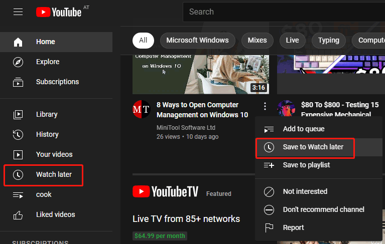 add from the Home page of YouTube