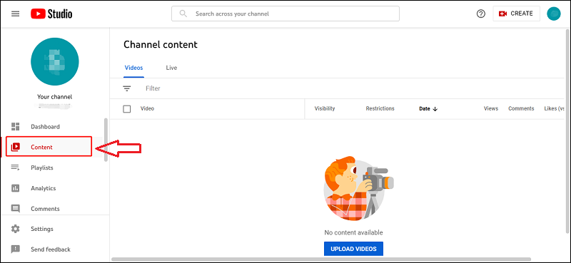select Content option on YouTube Studio
