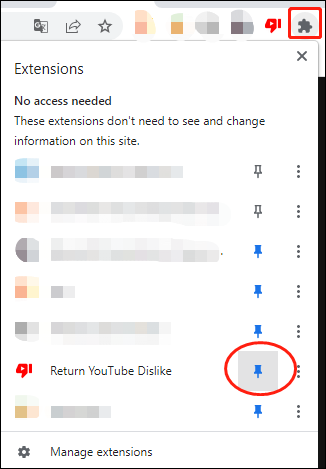 click on the puzzle icon and pin Return YouTube Dislike extension