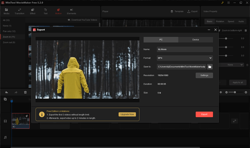 the export window of MiniTool MovieMaker