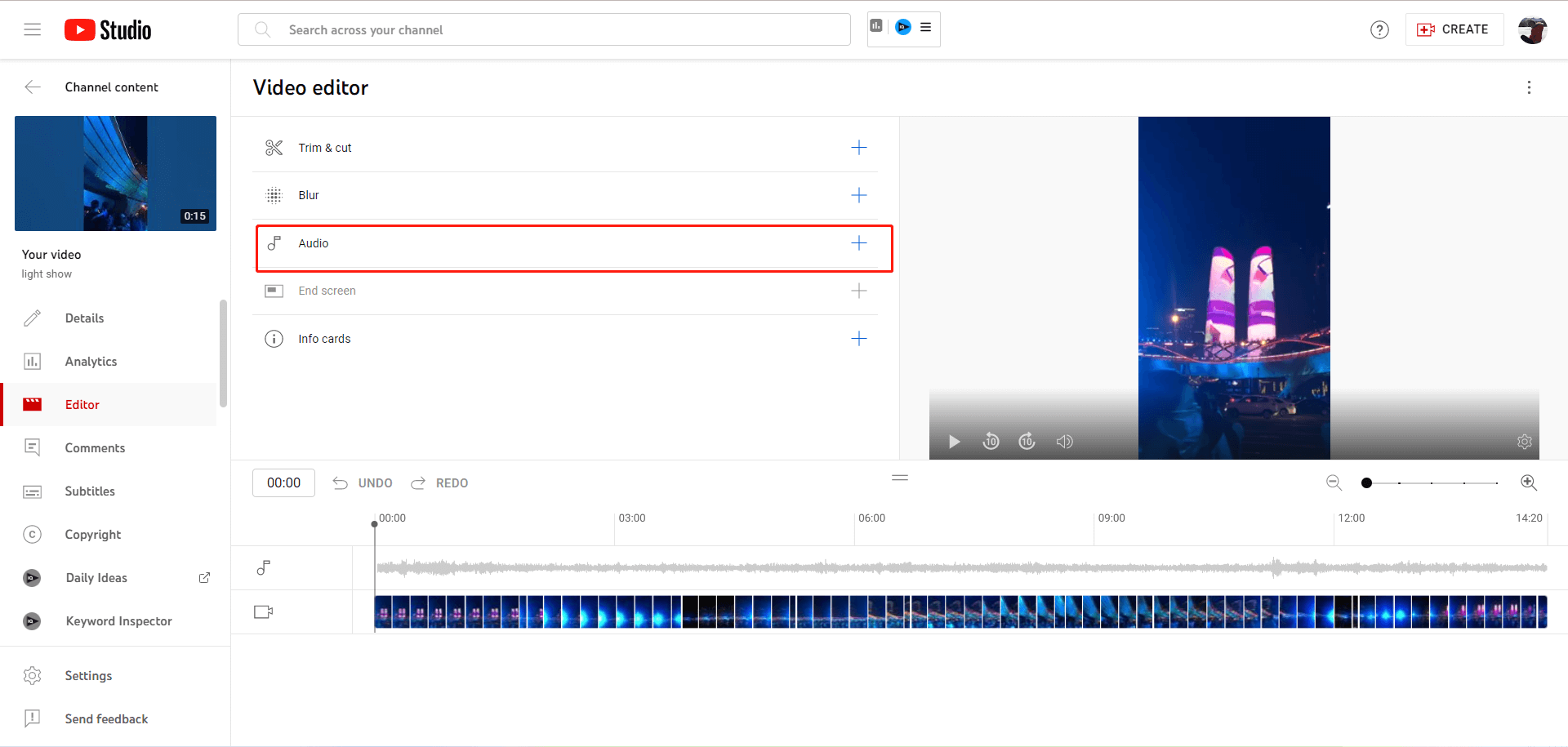 select audio in YouTube video editor