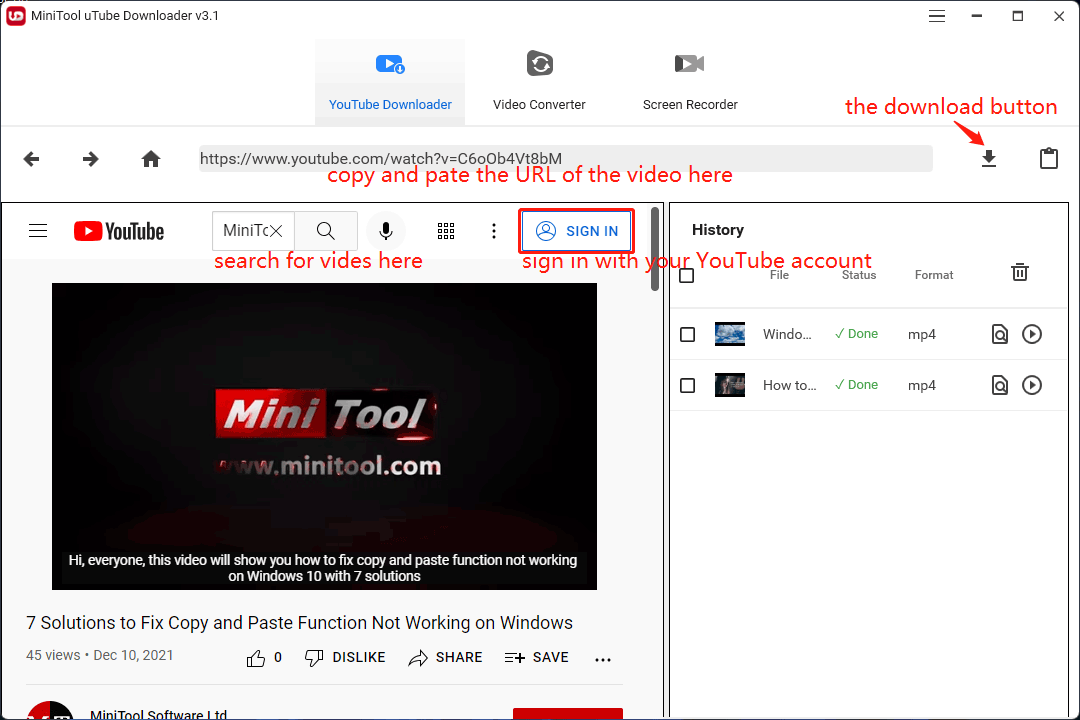 MiniTool uTube Downloader-Softwareschnittstelle